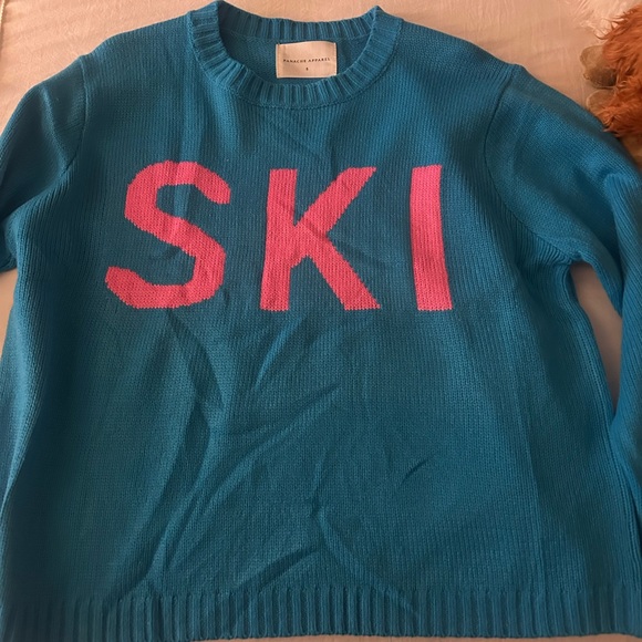 Chinti & Parker Sweaters - Chinti & Parker Teal Sweater with Pink 'SKI' Motif
